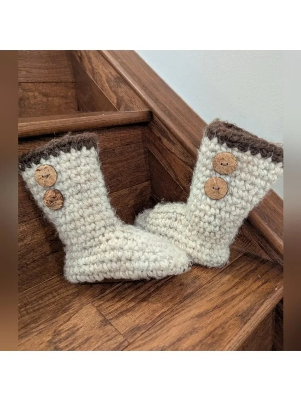 Handmade Wool Suede & Shearling Cream & Brown Crochet Baby Boots Sz 1-2 Years
